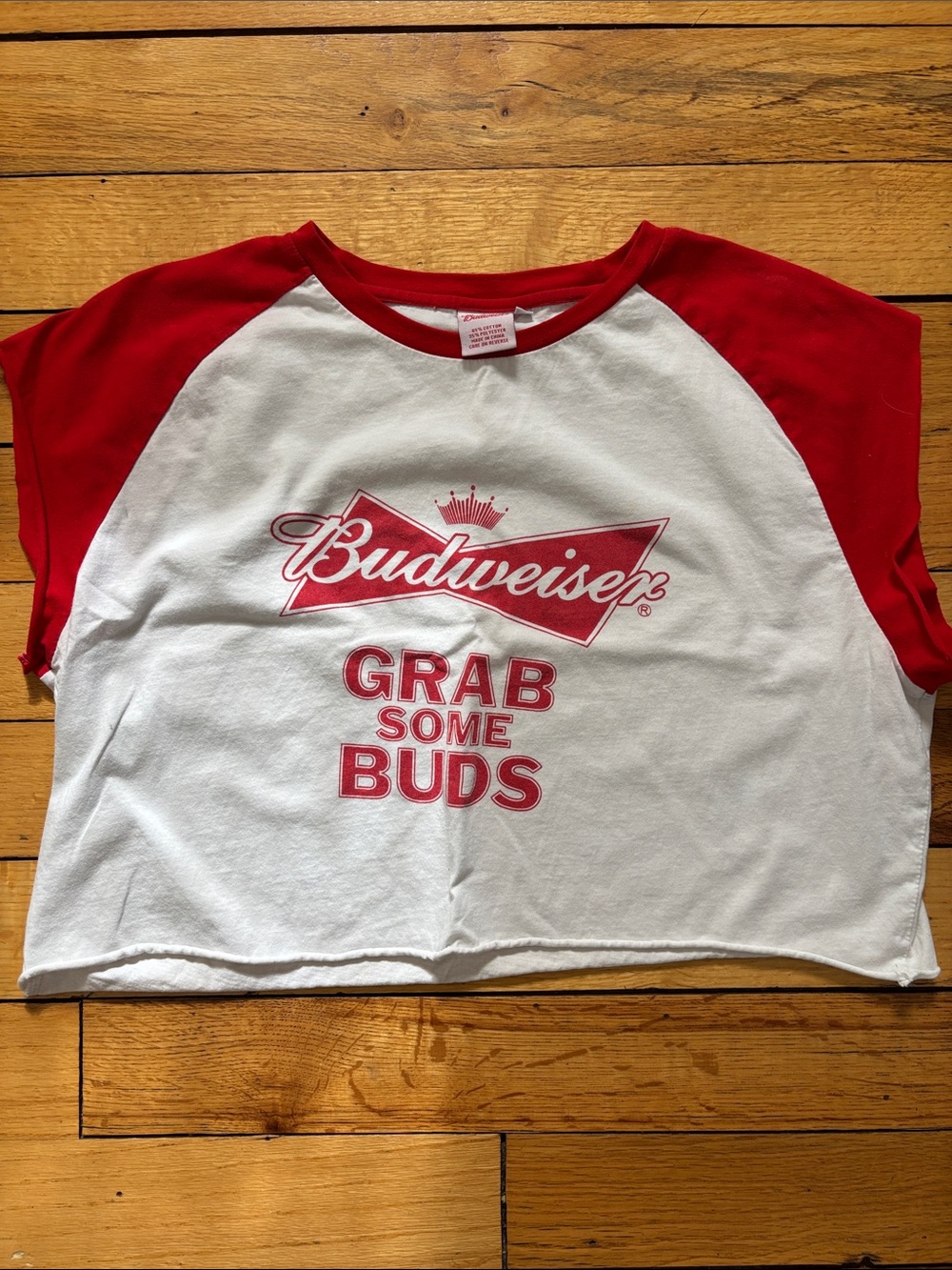 Budweiser Red & White Cutoff Tee with 'Grab Some Buds' Graphic
